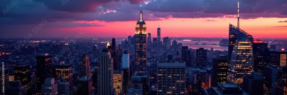 Fototapeta premium Manhattan skyline at dusk, vibrant skyscraper lights , skyline, skyscrapers, night view