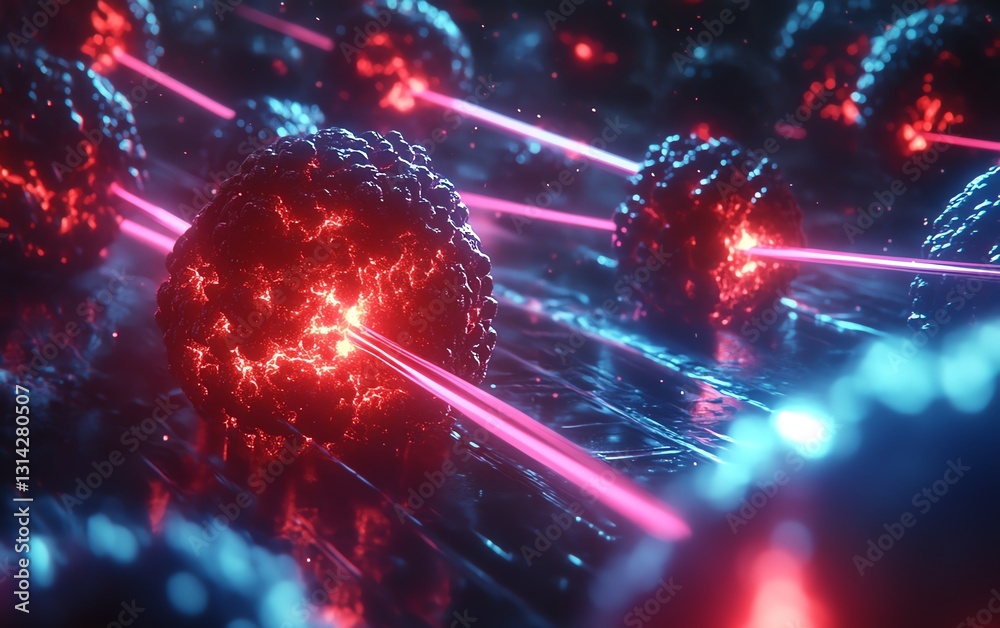 Cuttingedge laser beams zeroing in on cancer cells, illustrating the power of precise oncology treatments, glowing red and blue lasers, hyperrealistic textures, cinematic style Cuttingedge laser beams zeroing in on cancer cells, illustrating the power of precise oncology treatments, glowing red and blue lasers, hyperrealistic textures, cinematic style