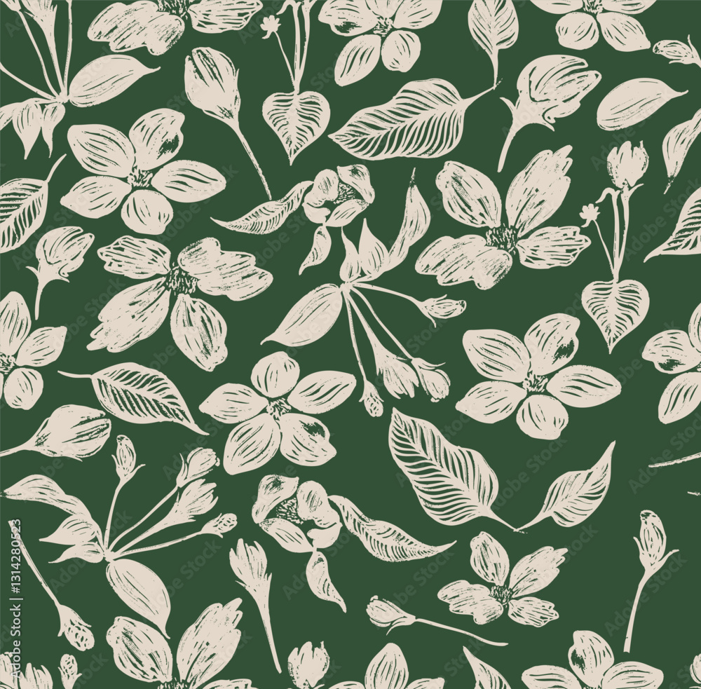 Fototapeta premium Seamless Patterns Exotic Hand Drawn Flowers, Grunge Brush Stroke With Floral For Clothing, Wrapping Paper, Cover, Fabric, Textiles, Banner, Home Decor, Abstract Backgrounds. Seamless Patterns Vector.