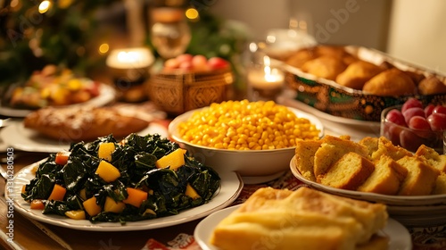 Abundant Southern-style holiday dinner table with cornbread, collard greens, and corn.