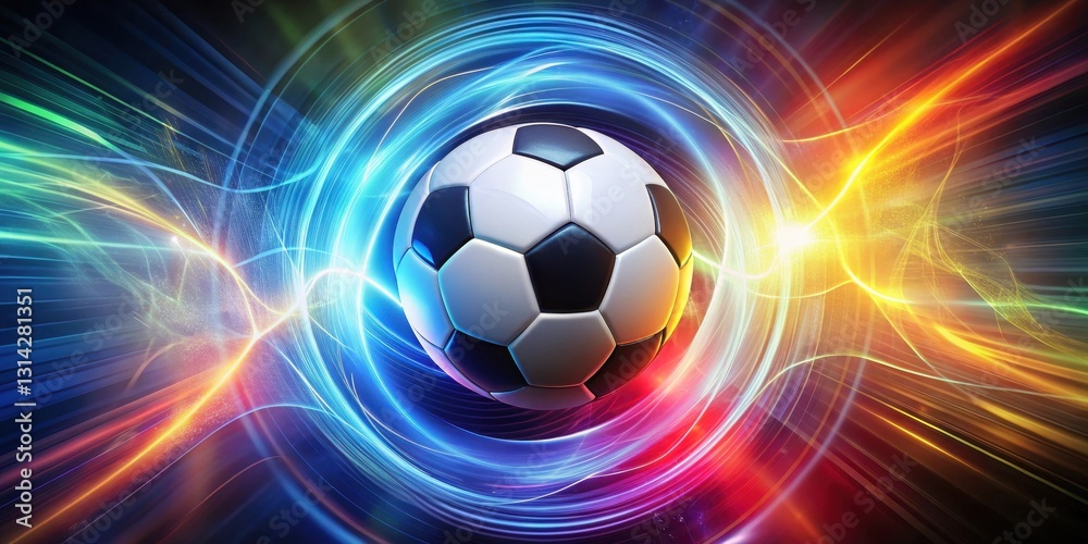 Naklejka premium A vibrant, swirling energy field surrounds a glowing soccer ball against an abstract background, conveying dynamic movement and kinetic energy , vortex, dynamic movement