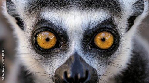 Intense Gaze: A Ring-Tailed Lemur's Piercing Eyes. Witness the captivating stare of a lemur, its golden eyes reflecting the wild beauty of Madagascar's wildlife. photo