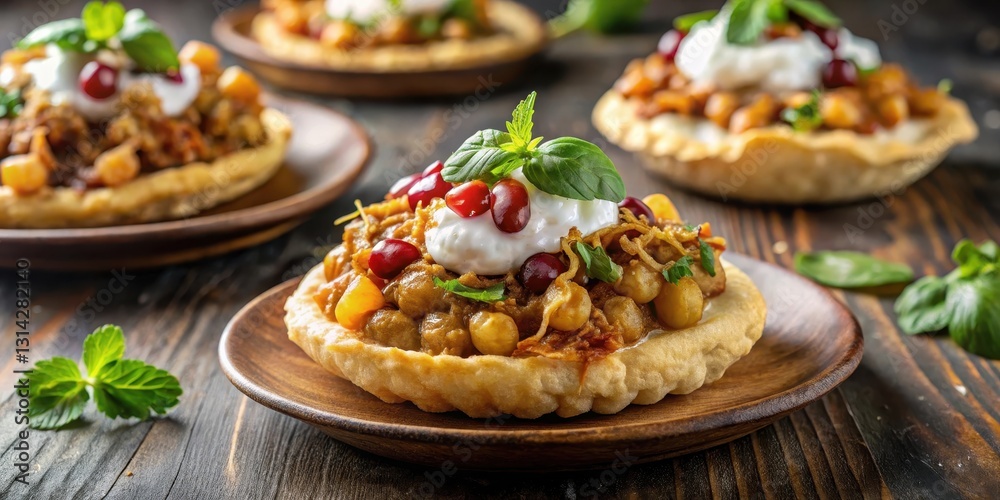 Crunchy puri filled with flavorful chickpea mixture, topped with yogurt Crunchy puri filled with flavorful chickpea mixture, topped with yogurt