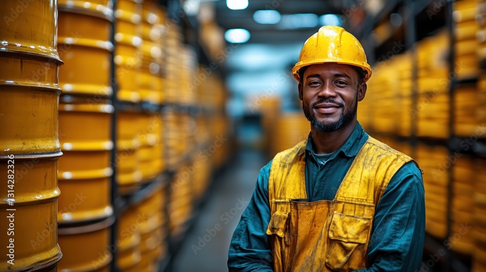 Confident black worker in protective gear stands amidst warehouse barrels Confident black worker in protective gear stands amidst warehouse barrels