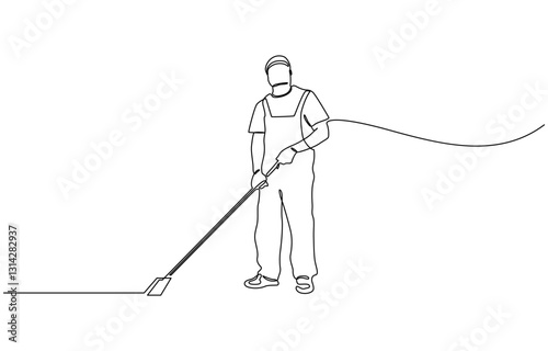 Single one line drawing man mopping floor in uniform. Male cleaner janitor cleaning the office, Continuous line drawing janitor mopping floor, cleaning service concept.