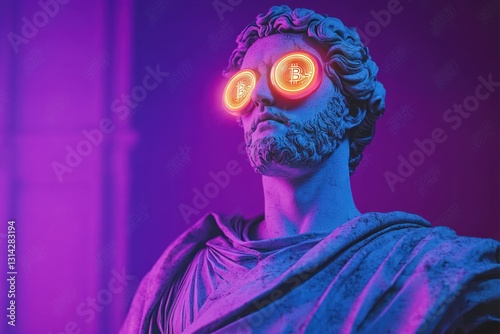 Futuristic Greek Marble Statue with Bitcoin Eyes and Neon Crown