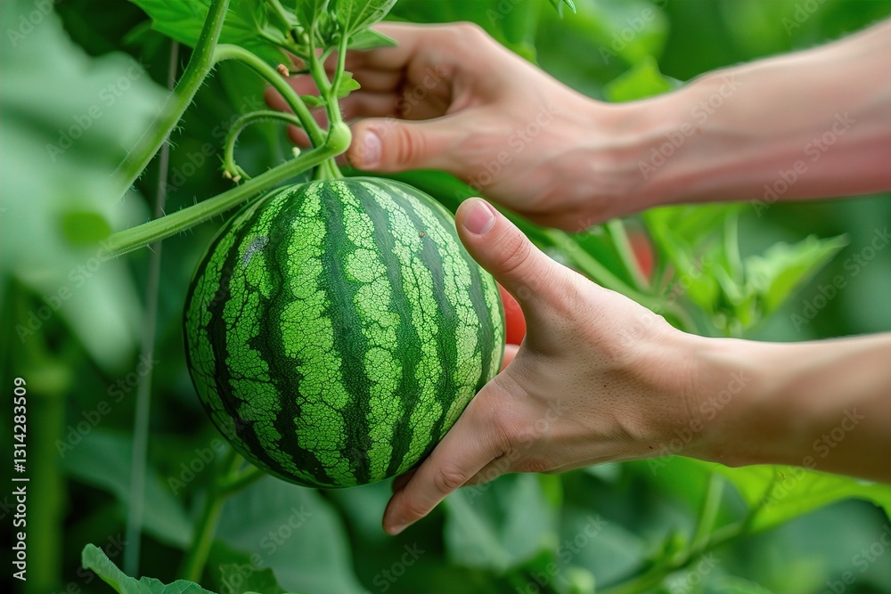 Obraz premium A pair of hands gently picking a ripe watermelon from a lush green vine in a garden. agricultural research, and organic farming methods