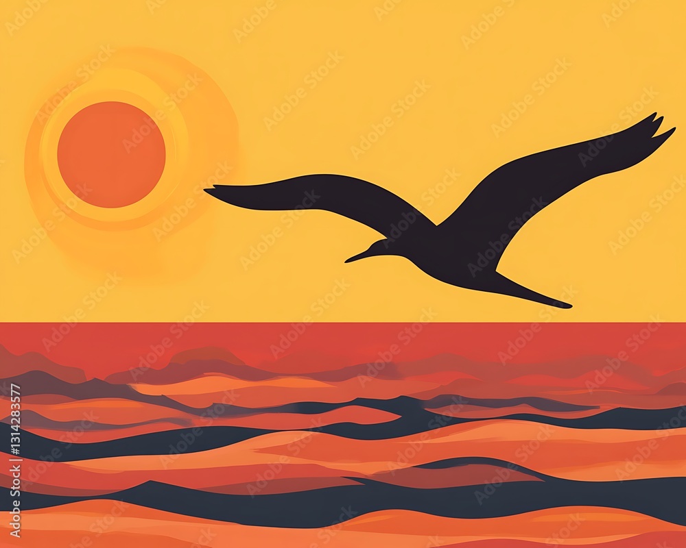 Naklejka premium A silhouetted bird is flying over orange desert waves near the sun