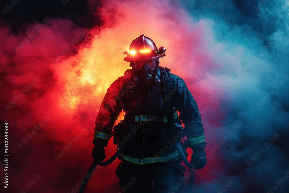 Naklejka premium Heroic Firefighter in Vibrant Smoke with Axes and Gear