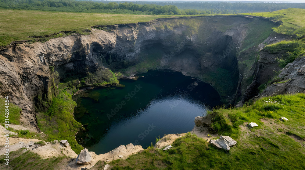 Dramatic Aerial View Of A Deep Blue Water Filled Sinkhole Surrounded By Lush Green Grass And Eroded Cliffs In A Natural Karst Landscape Dramatic Aerial View Of A Deep Blue Water Filled Sinkhole Surrounded By Lush Green Grass And Eroded Cliffs In A Natural Karst Landscape