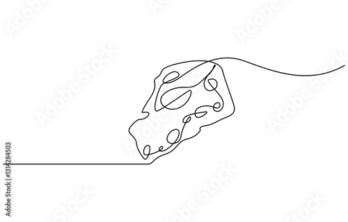 Сheese in continuous line art drawing style. Wheel of cheese with holes and a piece cut from it, Minimalist black linear sketch isolated on white background.
