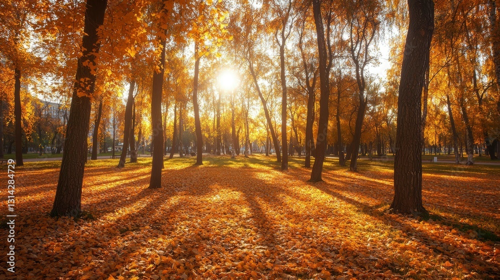 Fototapeta premium Autumn park bathed in golden sunlight