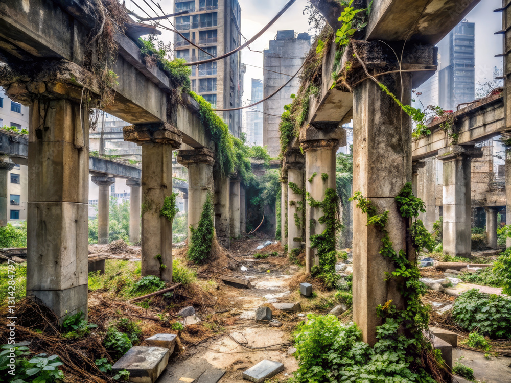 Abandoned concrete pillars overgrown with vines in derelict area Abandoned concrete pillars overgrown with vines in derelict area