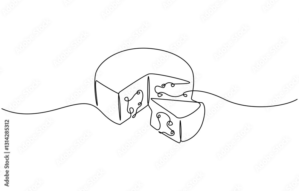 Obraz premium Сheese in continuous line art drawing style. Wheel of cheese with holes and a piece cut from it, Minimalist black linear sketch isolated on white background.