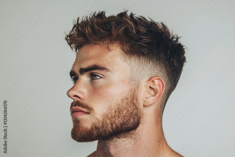 Naklejka premium men's grooming ad with stylish model and sharp haircut