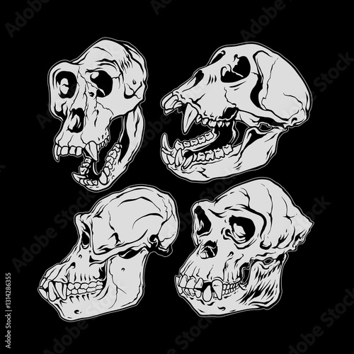 Ape skull cartoon hand drawing vector illustration. bundle monkey skull drawing 