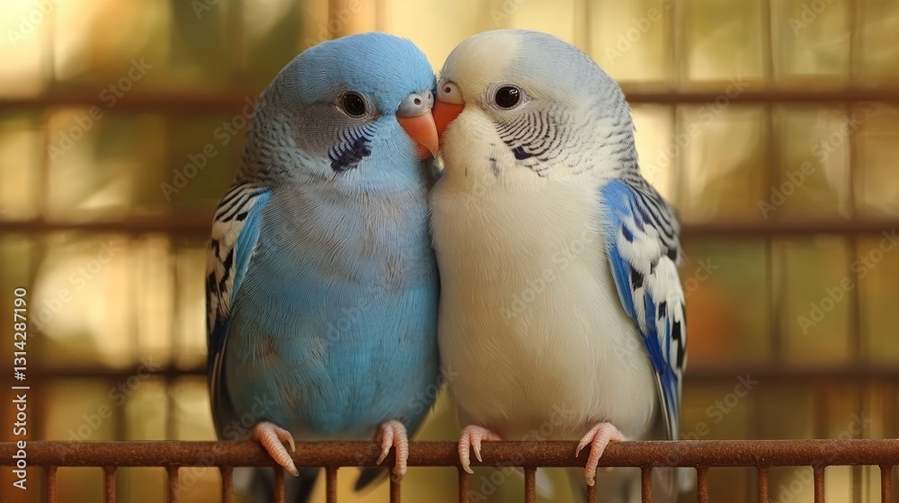 Obraz premium Delightful Budgerigars in Intimate Pose Affectionate Bird Pair Close-Up