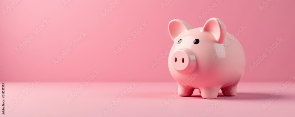 Close-up, piggy bank, model home, pink backdrop, financial security , marketing, budgeting Close-up, piggy bank, model home, pink backdrop, financial security , marketing, budgeting