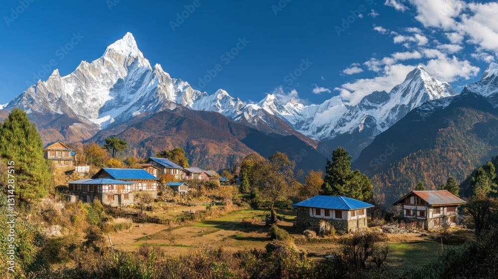 Mountain village nestled in a valley, autumn colors, snow-capped peaks Mountain village nestled in a valley, autumn colors, snow-capped peaks