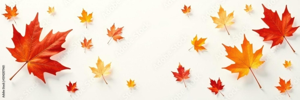 Naklejka premium Floating maple leaves in various shades of autumnal hues on seamless white , falling leaves, environment