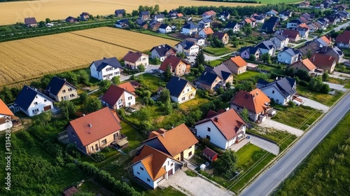 Aerial View of Suburban Homes Near Fields, Community , Housing