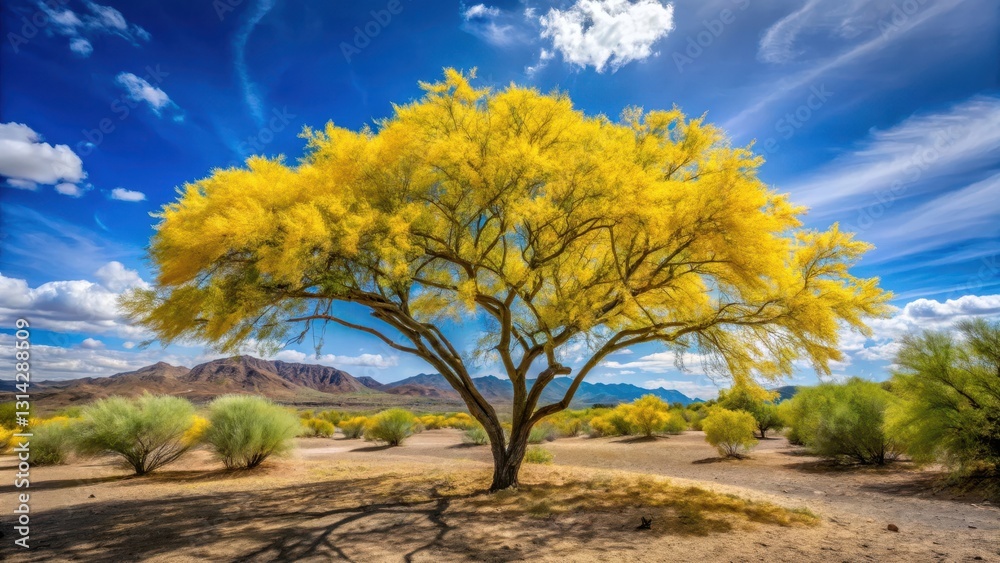 Desert landscape with vibrant yellow flowers of the palo verde tree blooming in the desert in Spring , desert Desert landscape with vibrant yellow flowers of the palo verde tree blooming in the desert in Spring , desert