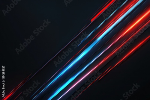 Minimalist black background with glowing geometric blue and red lines.