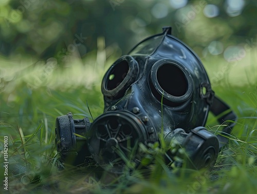 Abandoned gas mask amidst verdant grass whispers of environmental concerns