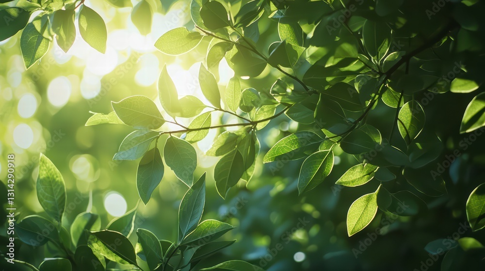 Obraz premium Sunlit Foliage Serenity: A verdant canopy of leaves basks in the warm glow of sunlight, creating a serene and vibrant atmosphere of renewal and growth.