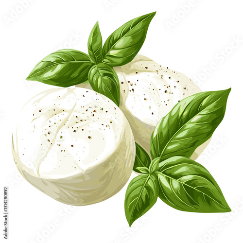 Round ball of Italian mozzarella cheese vector illustration isolated on white background. Realistic drawing of Italia mozarella cheeses decorated with basil leaves