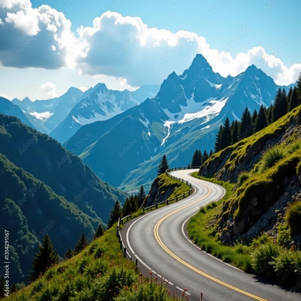 Mountain roadway curves through majestic scenery, view, climb, transportation Mountain roadway curves through majestic scenery, view, climb, transportation