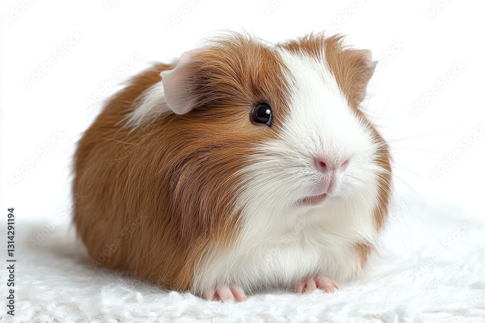 Photorealistic Fluffy Guinea Pig Portrait with Long Brown and White Fur Isolated on White Background Photorealistic Fluffy Guinea Pig Portrait with Long Brown and White Fur Isolated on White Background