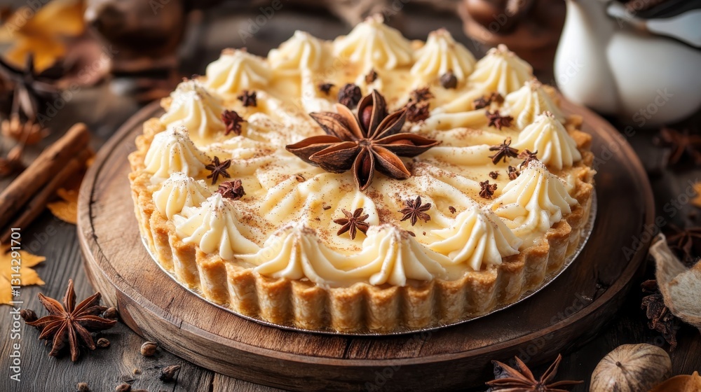 Delicious Autumn Tart with Creamy Frosting and Star Anise Decoration on Rustic Wooden Table Delicious Autumn Tart with Creamy Frosting and Star Anise Decoration on Rustic Wooden Table