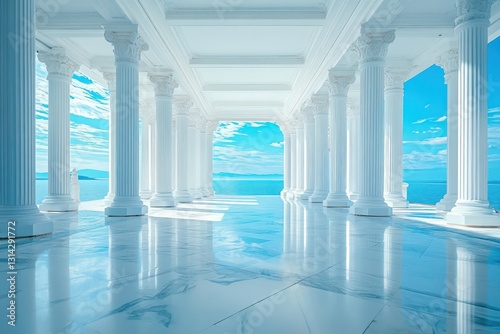 Open-air Greek-style corridor with pristine white pillars and reflections of a blue sky on marble floors.