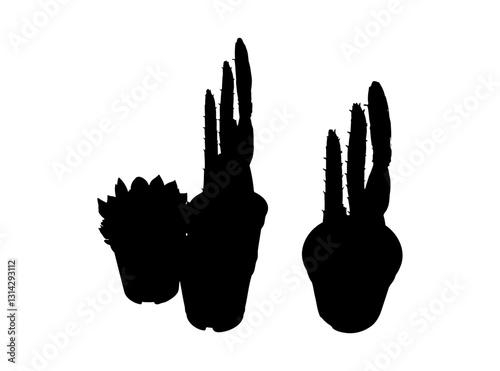 Cactus icon, succulents symbol, plant terrarium simple sign, office table plants silhouettes
