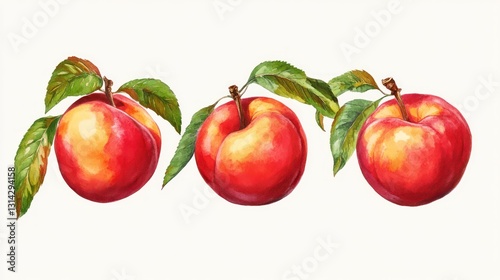 Peaches with leaves, ripe and juicy isolated