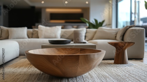 Wallpaper Mural Serene Living Room Interior: A bright, spacious living room filled with natural light features stylish, minimalist furniture. The focal point is a large, wooden bowl on a textured rug.  Torontodigital.ca