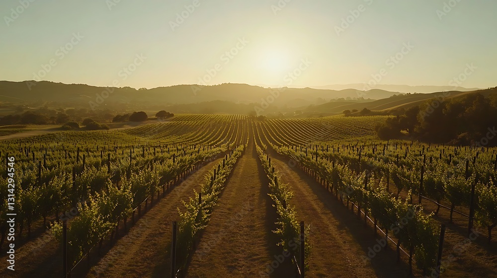 Fototapeta premium Sunlit vineyard rows at sunset, scenic landscape.