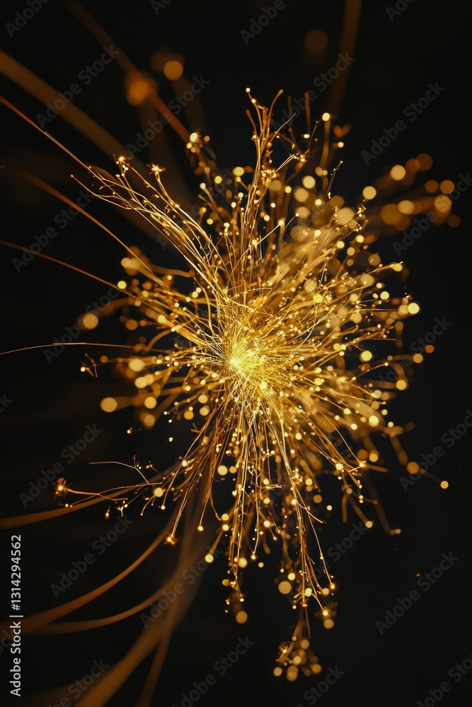 Obraz premium Vertical Golden firework fireworks pyrotechnics on dark black night sky.