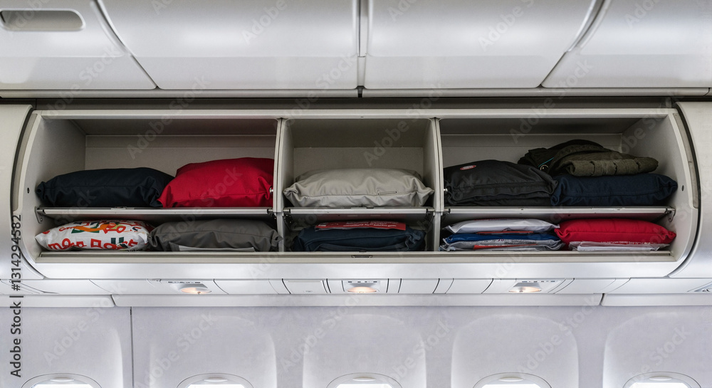 Fototapeta premium Neatly packed clothes in an airplane overhead compartment with a light background