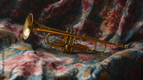 Cinco de Mayo, Vintage Golden Trumpet Resting on Elegant Floral Fabric, Ai Generated Images. photo