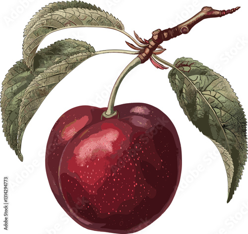 Vector Red plum, old botanical illustration, isolated on transparent background, vintage fruit art, botanical drawing, plum fruit illustration, realistic botanical print