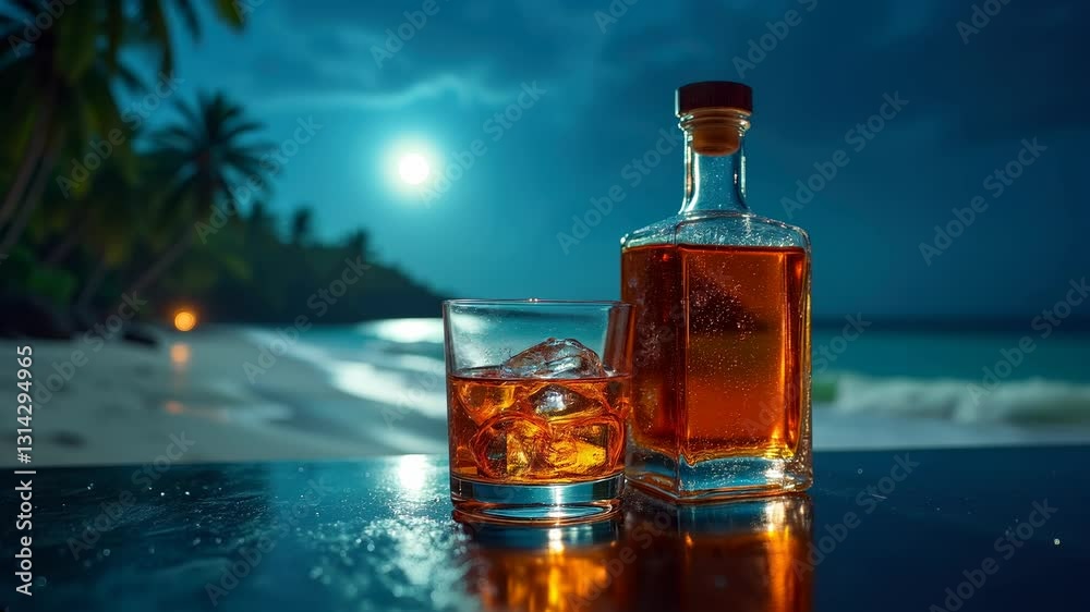 A rocks glass filled with arrack sits beside a minimalist bottle amidst a serene Sri Lankan coastal backdrop under a moonlit sky. A rocks glass filled with arrack sits beside a minimalist bottle amidst a serene Sri Lankan coastal backdrop under a moonlit sky.