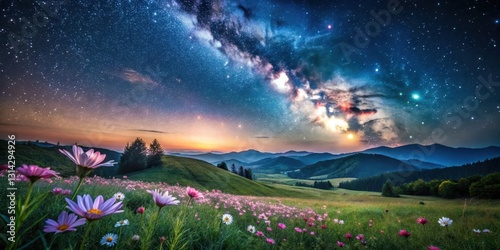 Fototapeta Naklejka Na Ścianę i Meble -  A serene and peaceful night scene with blooming flowers under a starry sky, surrounded by rolling hills and lush greenery