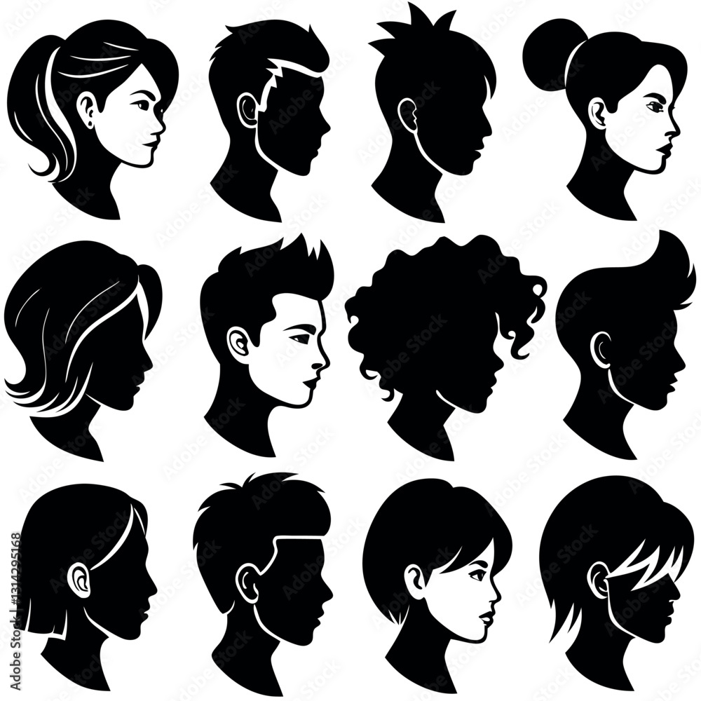A collection-of-twelve-diverse-silhouetted profile. A collection-of-twelve-diverse-silhouetted profile.