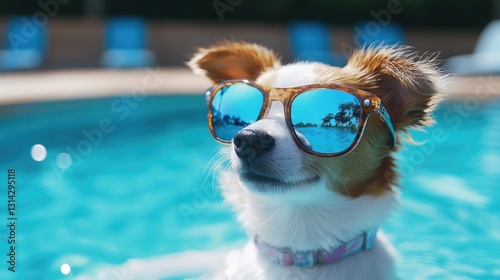Stylish canine enjoying a refreshing swim wearing reflective eyewear