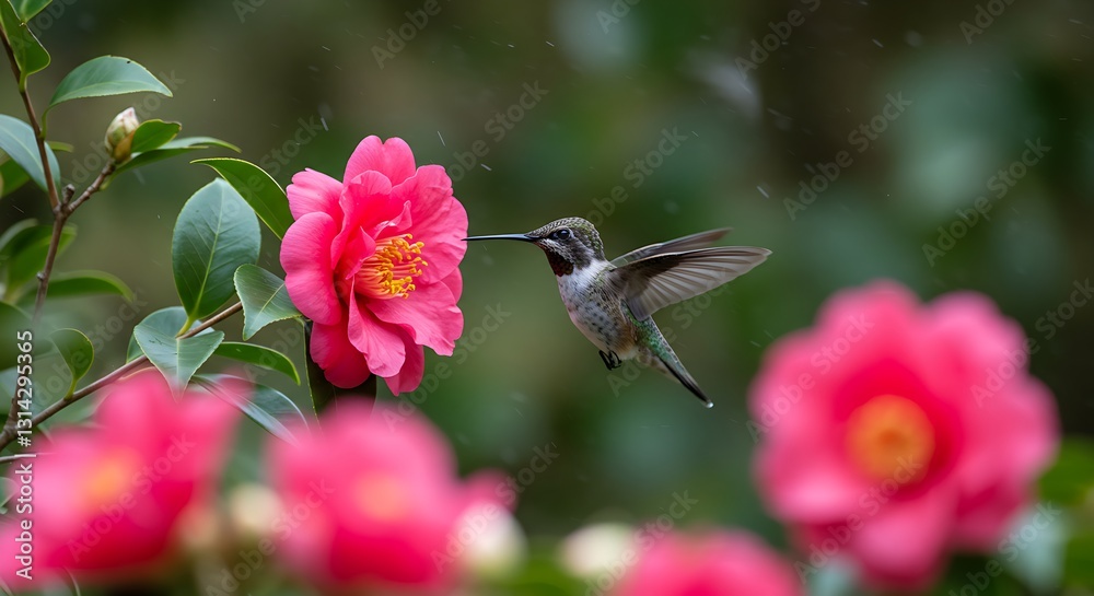 Fototapeta premium A hummingbird sipping nectar from a bright pink flower in a lush spring garden