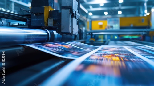 Highspeed industrial printing factory with massive machines rolling out customized designs, ultramodern production floor