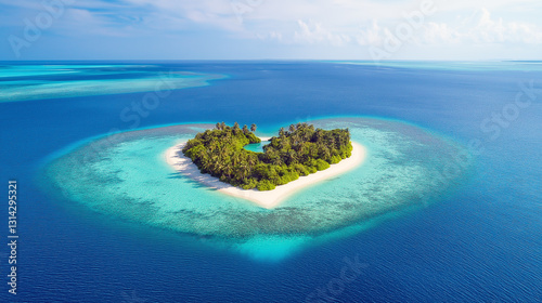 An aerial view of heart shaped tropical island in the middle of the ocean.Top view of heart shape love island with the blue ocean and white sand beach.