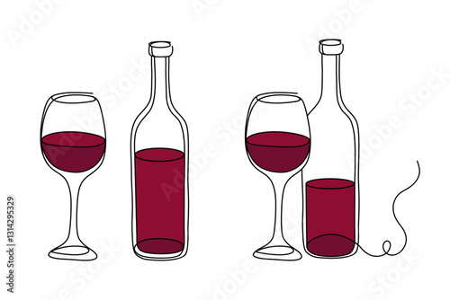 Red Wine Bottle and Glass Set Continuous Single Line Drawing Minimalist Vector Illustration